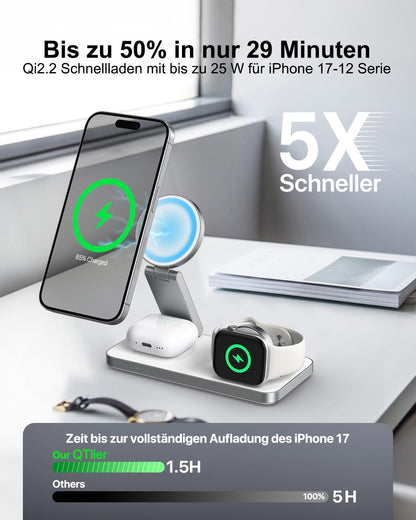 QTlier 3-in-1 Ladestation Qi2.2 25W, MagSafe-kompatibel