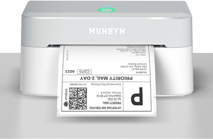 MUNBYN 403B Bluetooth Labeldrucker Shopify für 4x6 Labels – Weiss. Rechteckiger, weißer Thermodrucker druckt 4x6 Versandlabels via Bluetooth für Shopify.