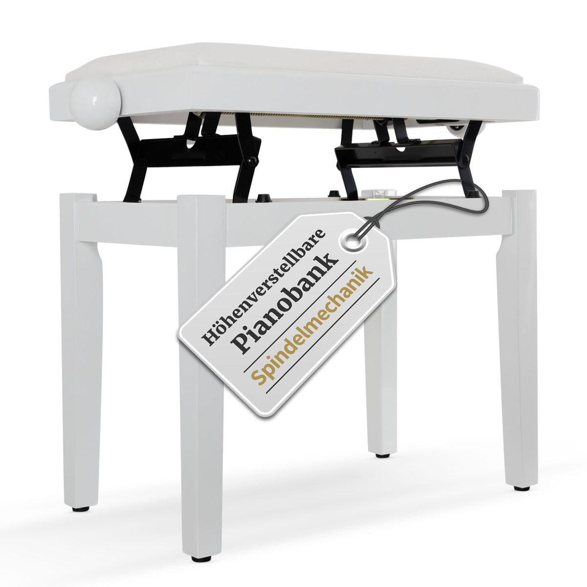 Classic Cantabile Pianobank Weiss-Hochglanz – Höhenverstellbar. Rechteckige weiße Hochglanzbank mit vier Beinen. Ermöglicht ergonomische Sitzhaltung am Klavier.