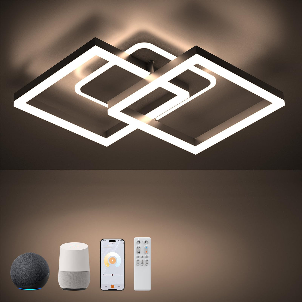 ANTENLICHT Smarte LED Deckenleuchte Dimmbar mit Alexa/Google - Schwarz. Schwarze, flache LED-Deckenleuchte für dimmbares smartes Licht per Sprachsteuerung.