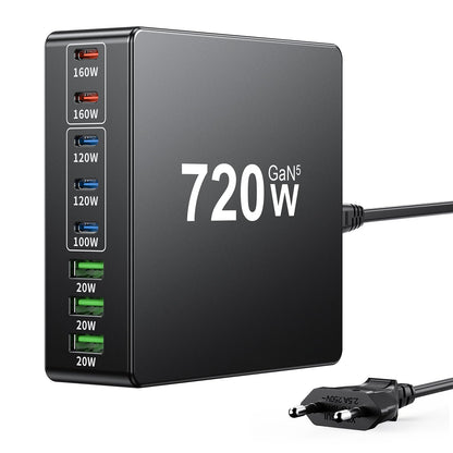 FNITAER 720W USB C Ladegerät – 8-Ports Schnellladestation. Schwarze, rechteckige Schnellladestation für 8 Geräte.