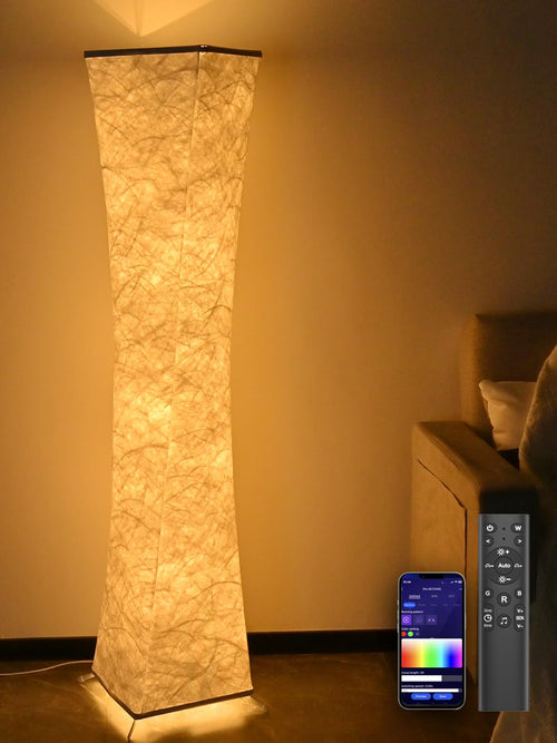Amdelne RGB LED Stehlampe, schlank, weiß. Bietet dimmbare RGB-Beleuchtung per Musik Sync & App für Raumambiente.