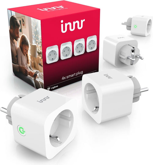 Innr Zigbee Smart Steckdose mit Strommessung + Repeater 4er Pack: Kompakte, weiße Adapter. Schaltet, misst Strom, fungiert als Repeater.