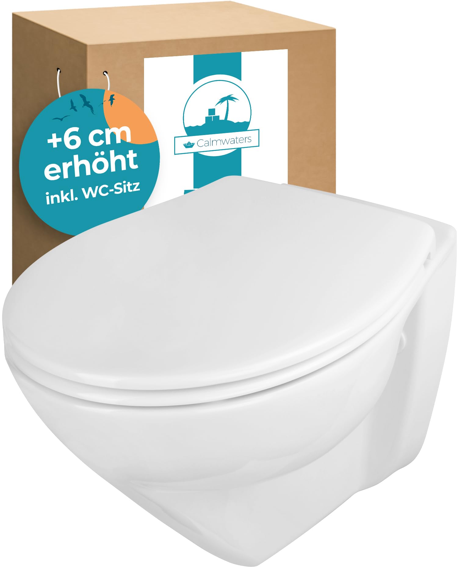 Calmwaters® Modern Plus erhöhtes Wand WC spülrandlos Tiefspüler weiss. Ergonomisch geformte Keramik für Hygiene im Bad.
