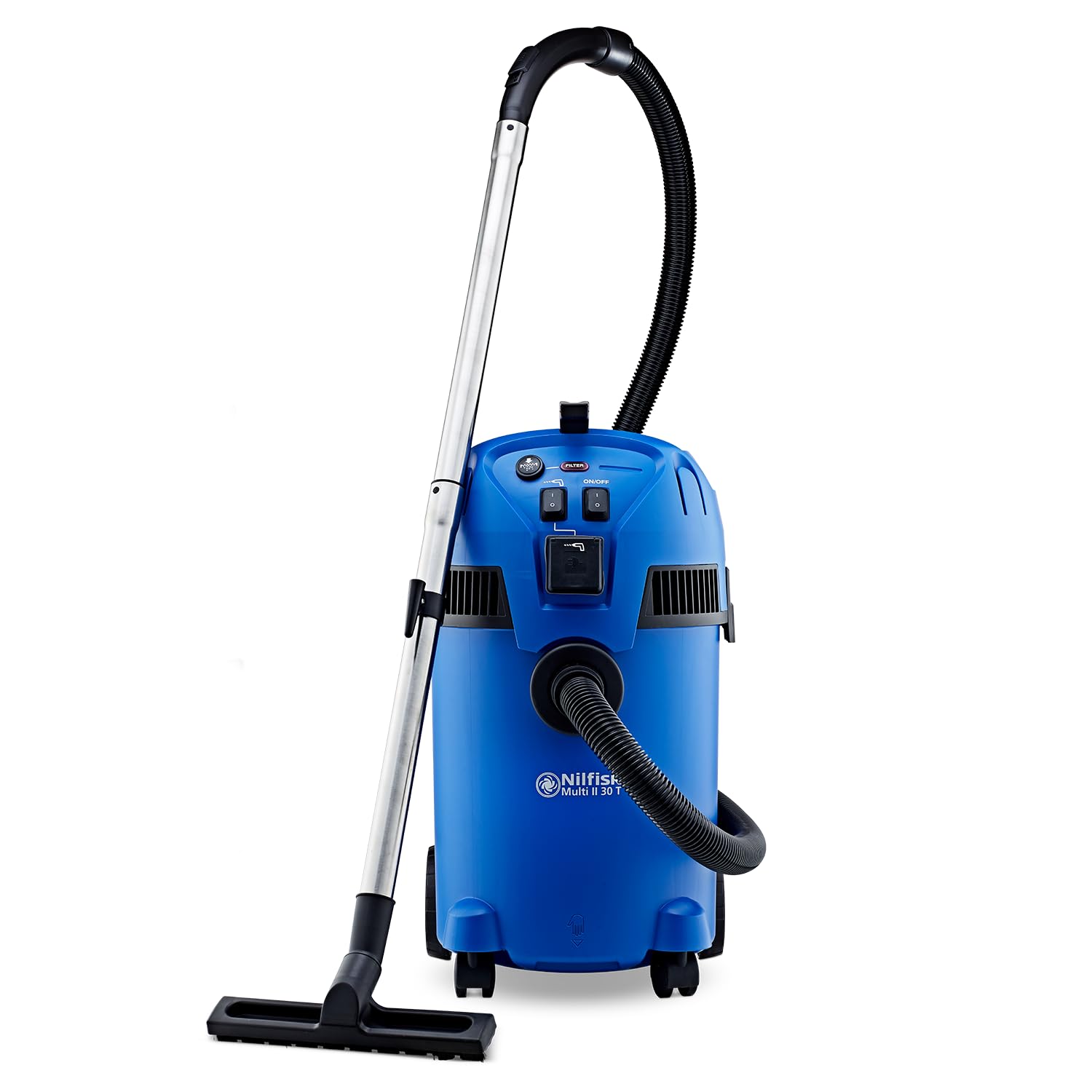 Nilfisk Multi II 30L T Nass Trockensauger mit Steckdose, zylindrisch, blau-schwarz. Reinigt Werkstatt, Haus, Garten, Auto.