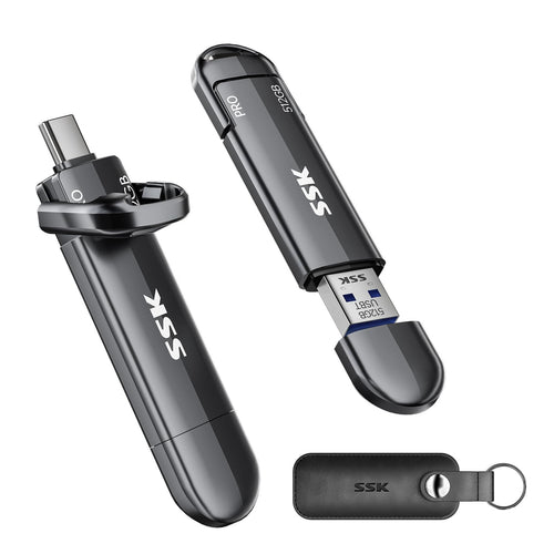 SSK Portable SSD 512GB – 1000MB/s Dual Typ-C & Typ-A. Schwarzes Kompaktgehäuse. Speichert Daten schnell extern über Typ-C/A.