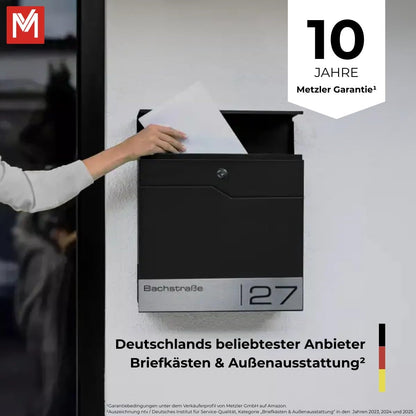 Metzler Wandbriefkasten Schwarz mit Zeitungsfach und Lasergravur