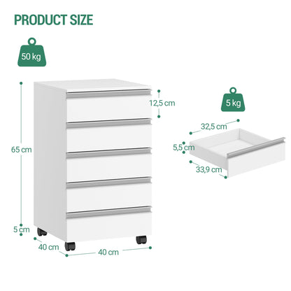 Hzuaneri Rollcontainer FC55503X, Aktenschrank mit 5 Schubladen, weiss