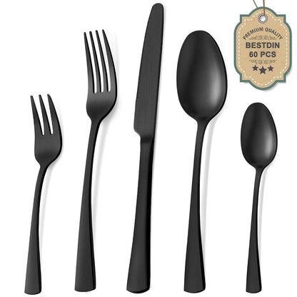Bestdin Essbesteck 60tlg. für 12 Pers. Edelstahl – Schwarz Matt. Matt schwarzes Edelstahlbesteck, klassisch, für 12 Personen.