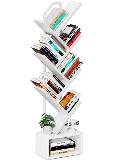 Coleshome Bücherregal REX01 Baumform, Standregal 6 Ebenen, Weiss aus Holz mit Metallrückwand