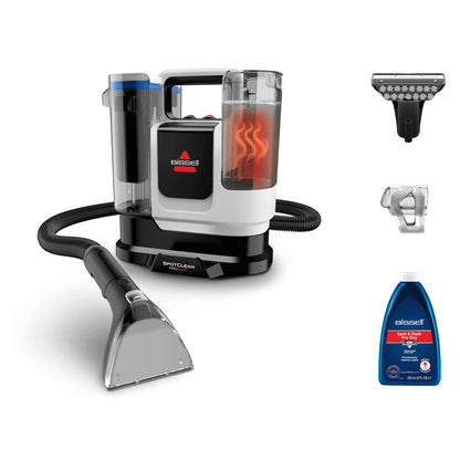 BISSELL SpotClean ProHeat Advanced Teppich- & Polsterreiniger 3924N. Kompaktes, schwarz-rotes Gerät mit Tanks. Entfernt hartnäckige Flecken aus Teppichen und Polstern mit beheizter Reinigungsflüssigkeit.