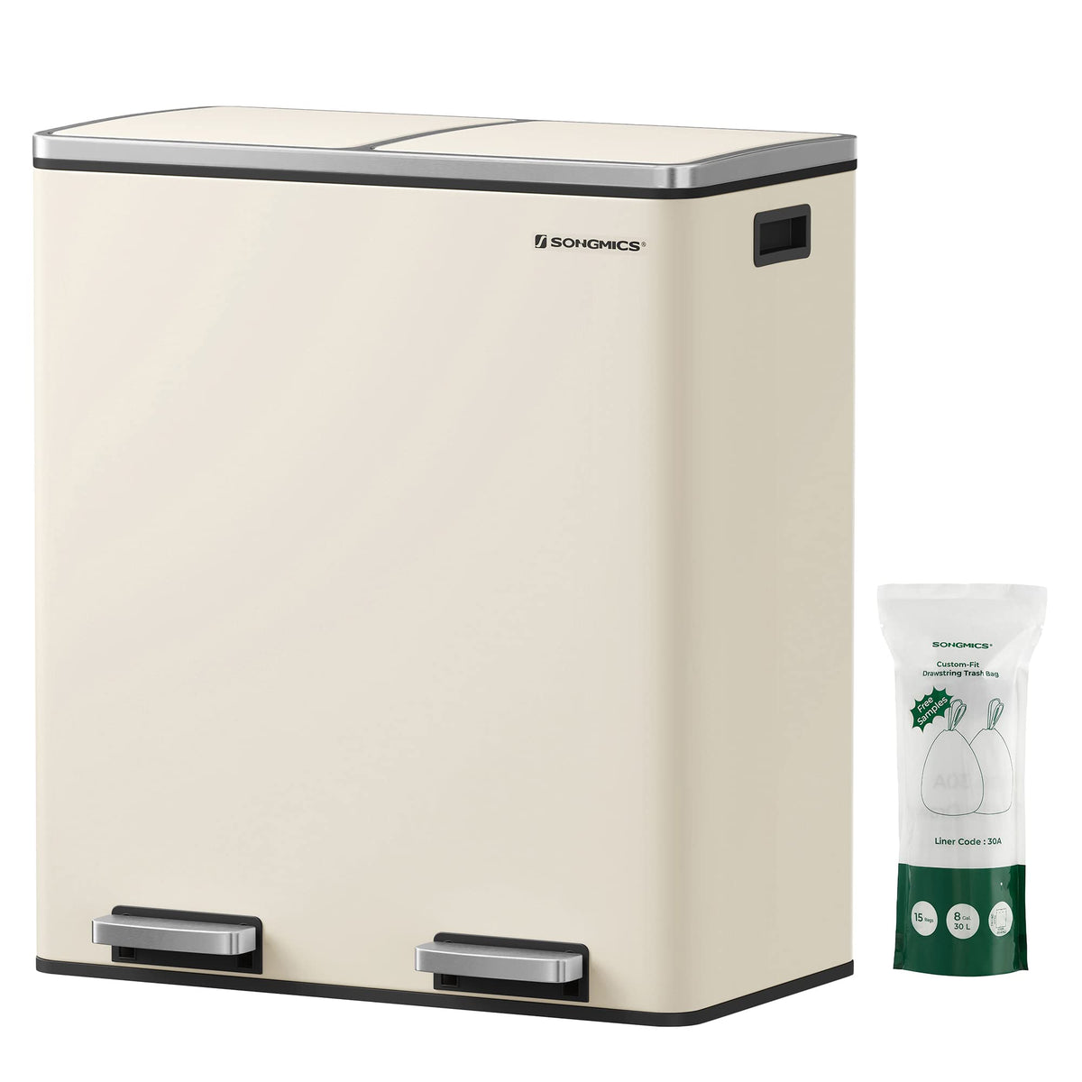 SONGMICS LTB060A01 Mülltrennsystem - 2x30L mandelfarben. Rechteckiger Behälter für separate Müllentsorgung.