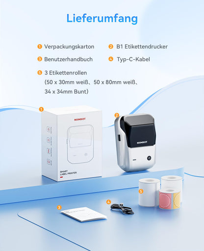 NIIMBOT B1 Etikettendrucker Bluetooth mit 3 Etikettenrollen, Silber