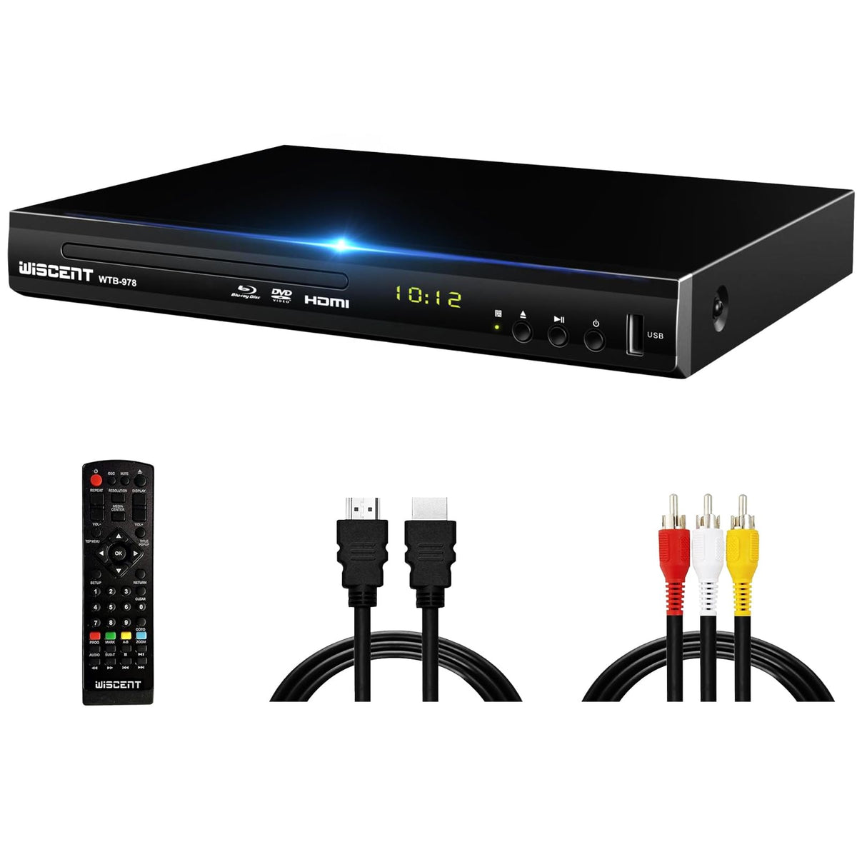 WISCENT Blu-Ray & DVD Player Full HD – Region B/2. Schwarzes, rechteckiges Gerät. Spielt Blu-Ray- und DVD-Discs in Full HD für Region B/2 ab.