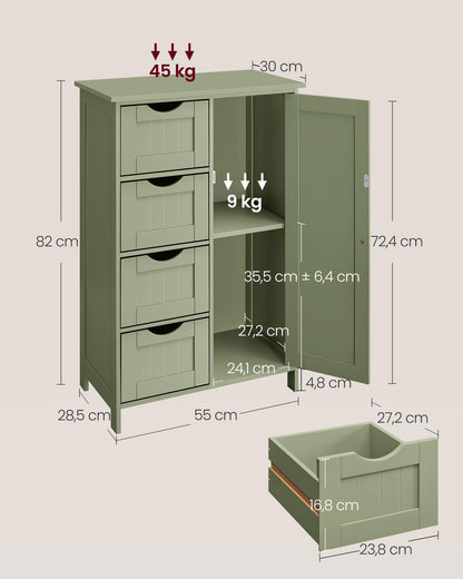 VASAGLE Badschrank schmal mit Schubladen Tür - Lorbeergrün LHC041C02