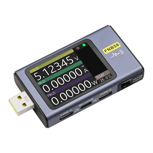 ARCELI FNB58 USB-Tester. Kompakter, schwarzer Tester mit Farbdisplay. Misst Spannung & Strom für Schnellladeanalyse; mit Bluetooth.