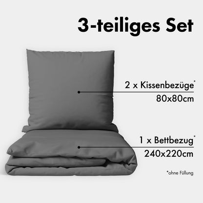 JACOBSON Bettwäsche-Set Baumwolle Perkal 240x220, Anthrazit, 3-teilig