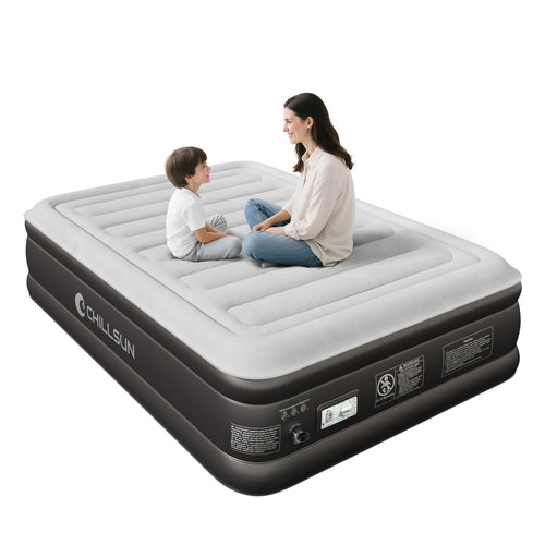 CHILLSUN Luftbett elektrisch aufblasbar 190x137x46 cm. Beflocktes Luftbett mit integrierter Pumpe zum Aufblasen als Gästebett.