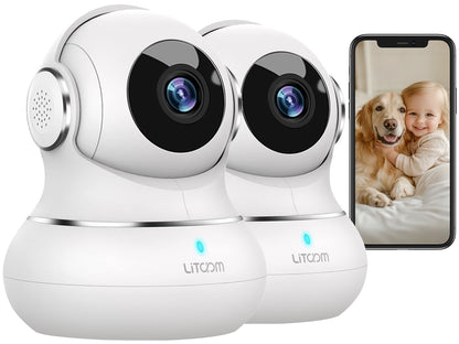 litokam Little elf Überwachungskamera Babyphone - 2K WLAN 2 Stück. Zwei kompakte, weiße Kameras zur Innenraumüberwachung und als Babyphone.