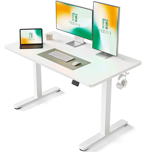 FEZIBO Elektrischer Steh-Sitz-Schreibtisch 120x60 cm Weiss. Rechteckiger, weißer, elektrisch höhenverstellbarer Tisch für ergonomisches Arbeiten im Sitzen & Stehen.