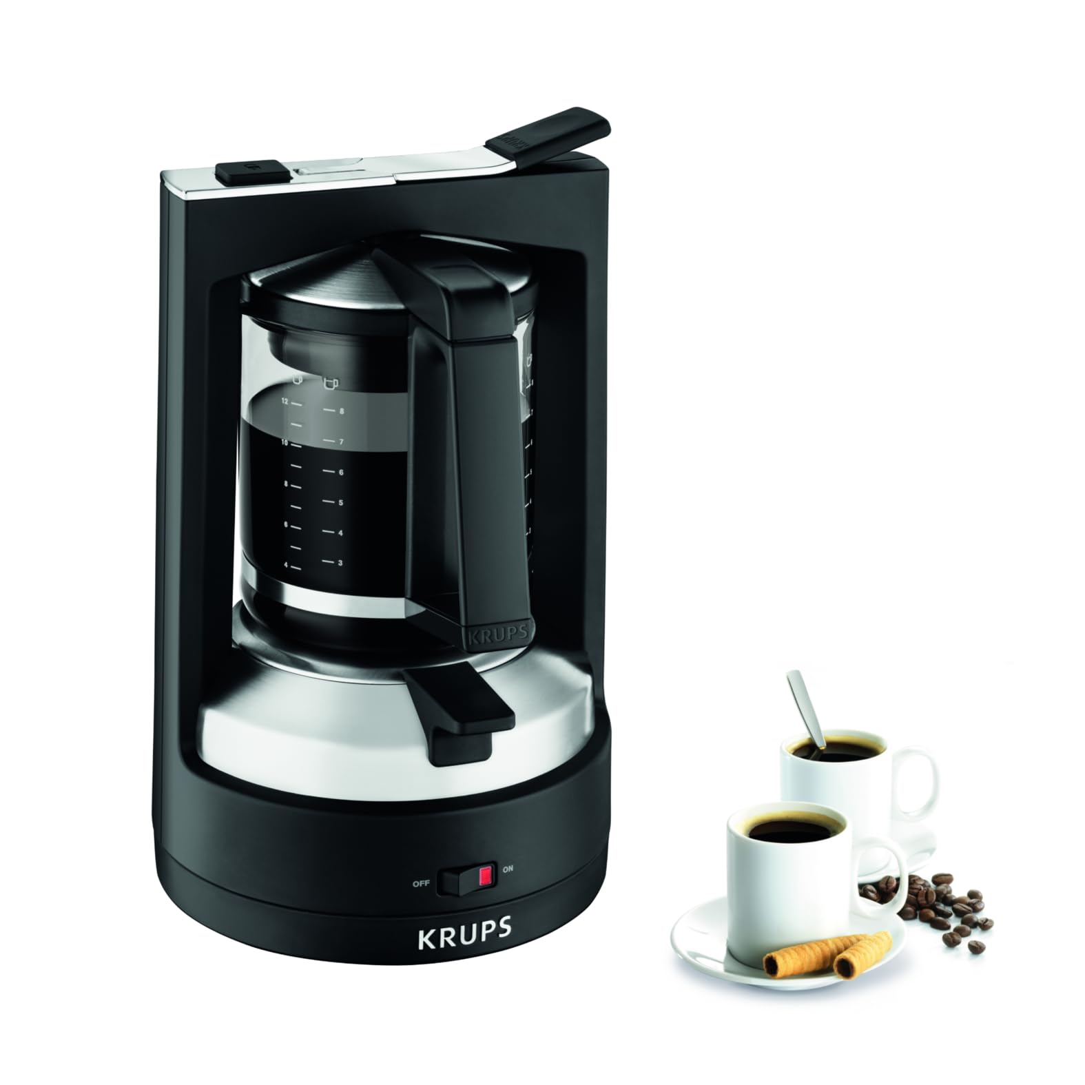 Krups T8 Filterkaffeemaschine KM4689 - 8-12 Tassen, Schwarz. Schwarzes Gerät mit Glaskanne zum Brühen von Filterkaffee.