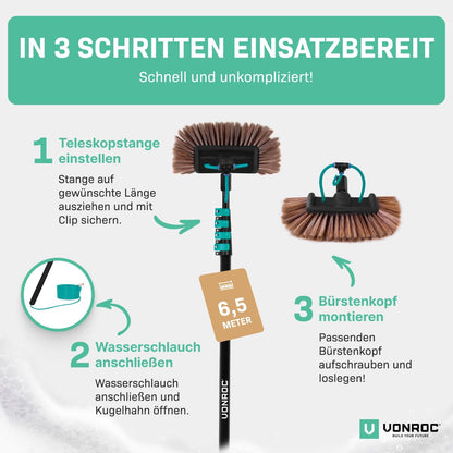 VONROC Teleskop Waschbürste 6,5m – Stiel für Reinigungssystem