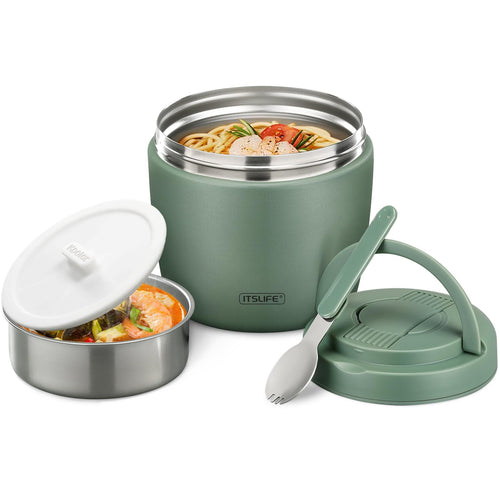 Itslife Thermobehälter für Essen 970 ml Edelstahl mit Löffel, Grün, hält Suppen und Porridge warm