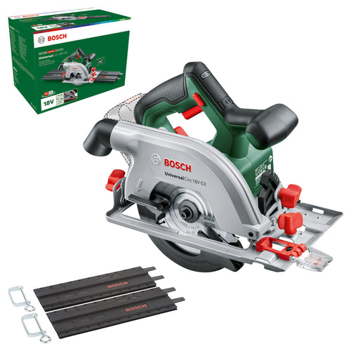 Bosch UniversalCirc 18V-53 Akku-Kreissäge - ohne Akku, Führungsschiene. Grün-schwarze Akku-Kreissäge zum Trennen von Holzwerkstoffen.