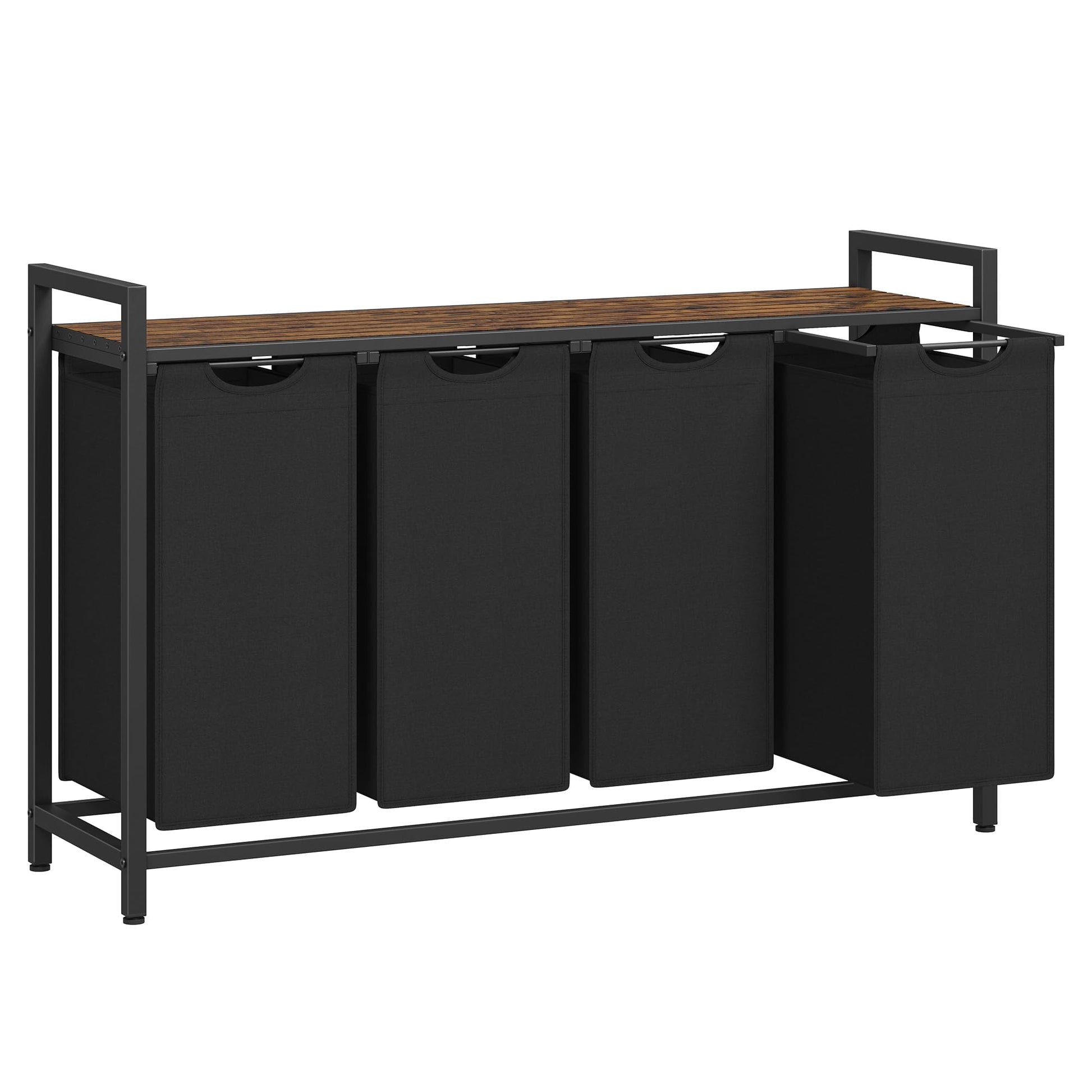 VASAGLE Wäschekorb 4 Fächer BLH401B01. Rechteckiger Sortierwagen, tintenschwarz-vintagebraun. Organisiert getrennte Wäsche in Schlafzimmer oder Waschküche.