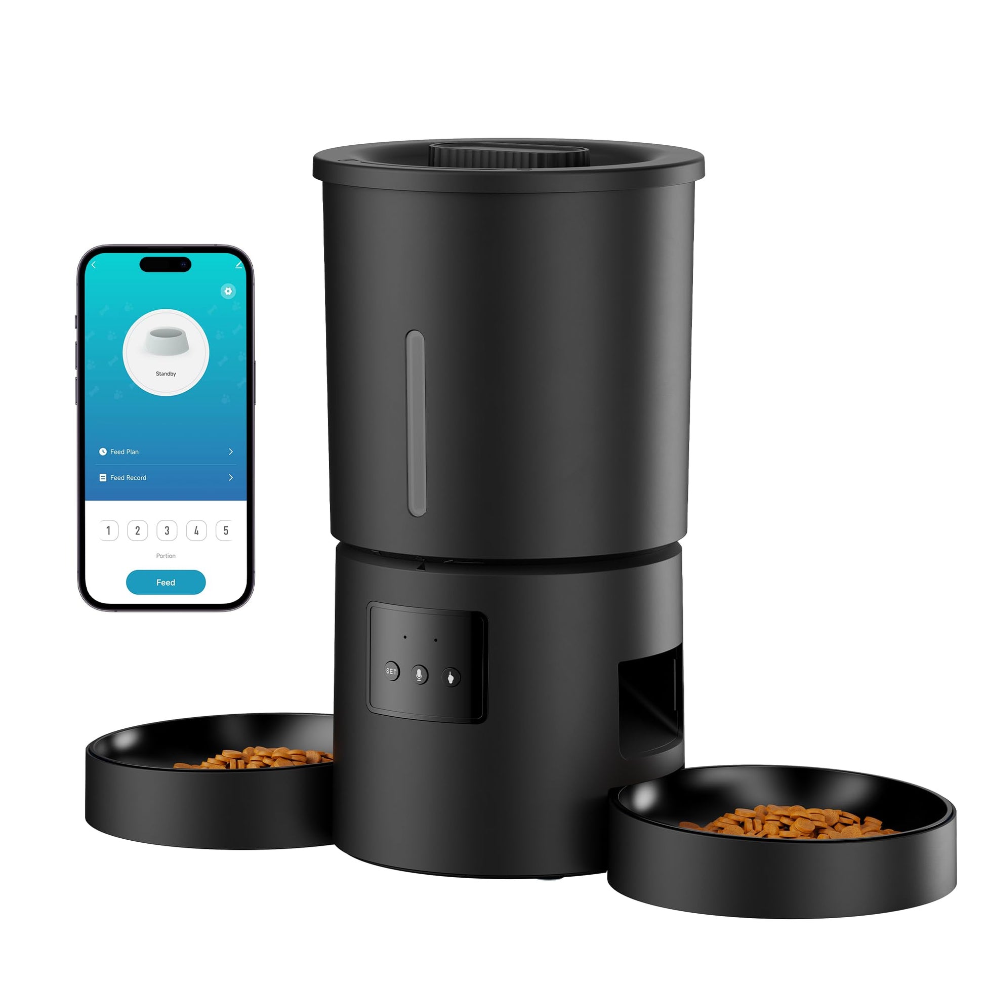 AONBOY Futterautomat Doppelnapf Katze WiFi - 5L Schwarz. Schwarzer 5L Futterautomat mit zwei Näpfen. Portioniert Katzenfutter automatisch via WiFi.