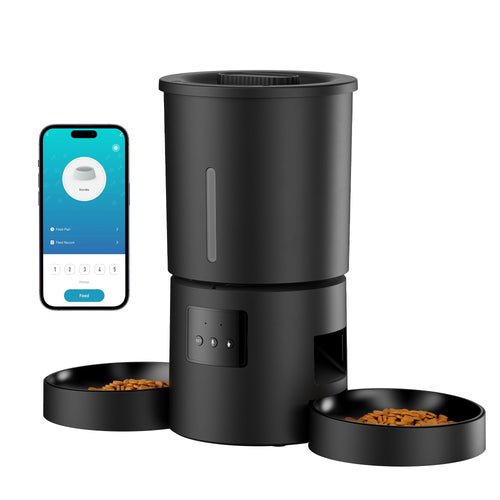 AONBOY Futterautomat Doppelnapf Katze WiFi - 5L Schwarz. Schwarzer 5L Futterautomat mit zwei Näpfen. Portioniert Katzenfutter automatisch via WiFi.