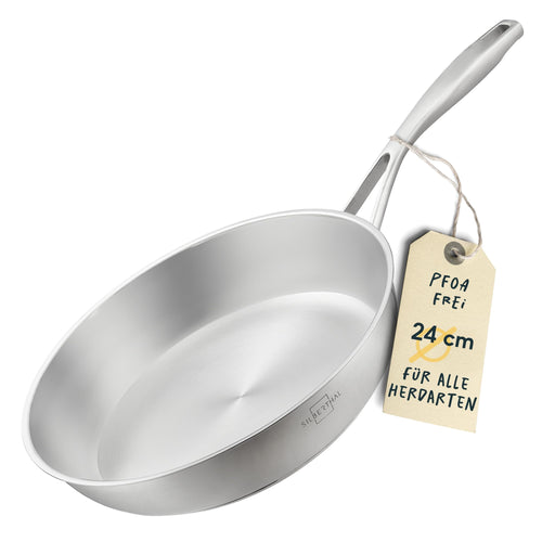 SILBERTHAL Edelstahl Bratpfanne Induktion – 24cm unbeschichtet. Runde, silberne Edelstahlpfanne. Zum scharfen Anbraten auf Induktionsherden.