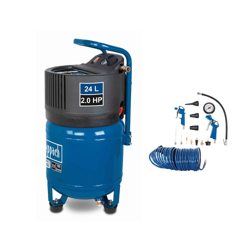 Scheppach HC24V Druckluft Kompressor stehend 24L ölfrei. Blau-schwarzer, stehender 24L Kessel. Erzeugt Druckluft für Werkzeuge.