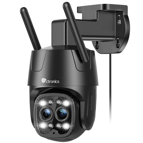 Ctronics 2.5K 4MP 6X Hybrid-Zoom Dual-Objektiv WLAN Kamera Aussen. Robuste, weiße Kamera mit zwei Objektiven zur Videoüberwachung.