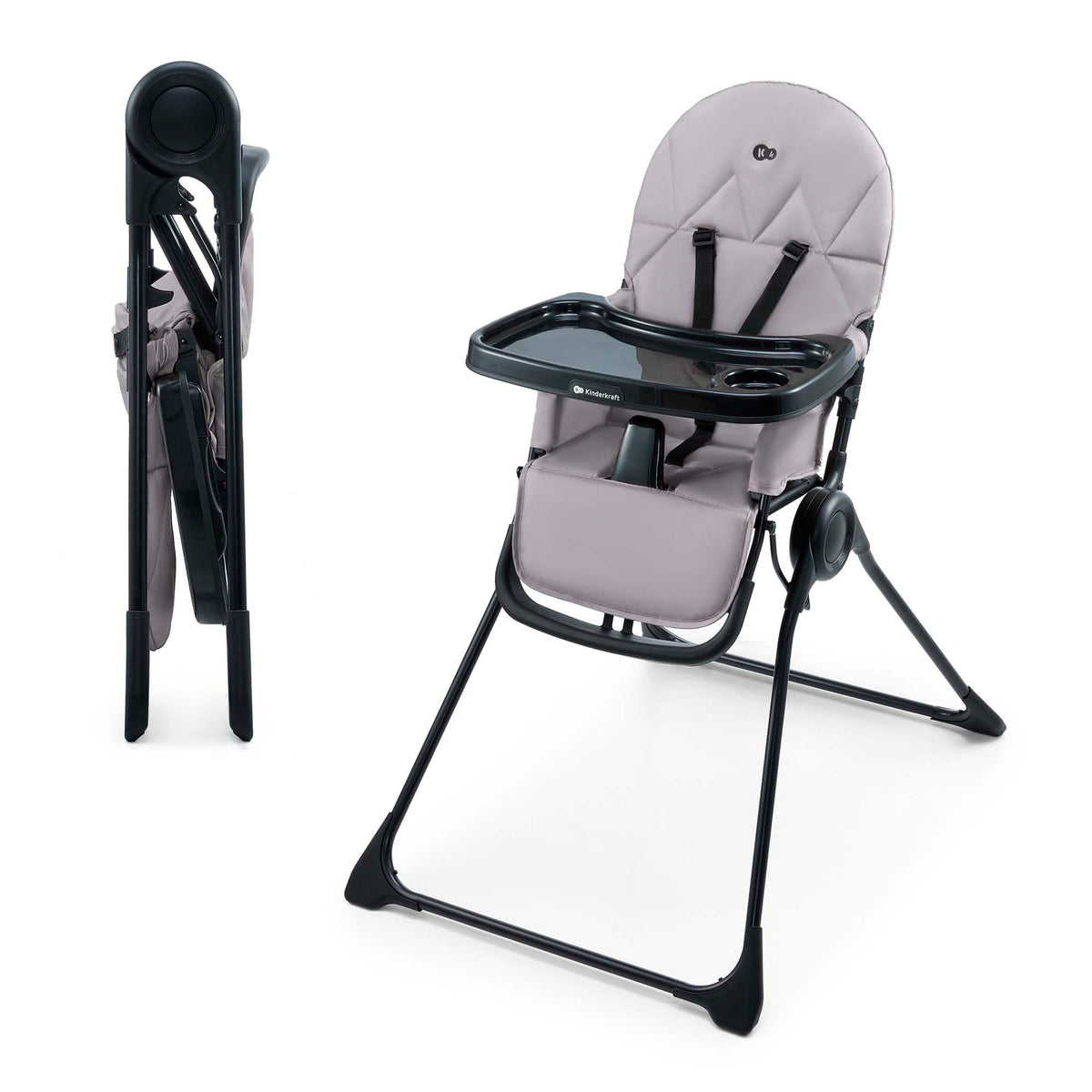 Kinderkraft BINCI Kinderhochstuhl, faltbar, mit Tablett, Grau – Babystuhl mit Fussstütze und 5-Punkt-Gurt