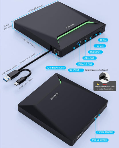 ORIGBELIE Externer DVD-Brenner USB 3.0 mit RJ45, USB-Hub und SD/TF