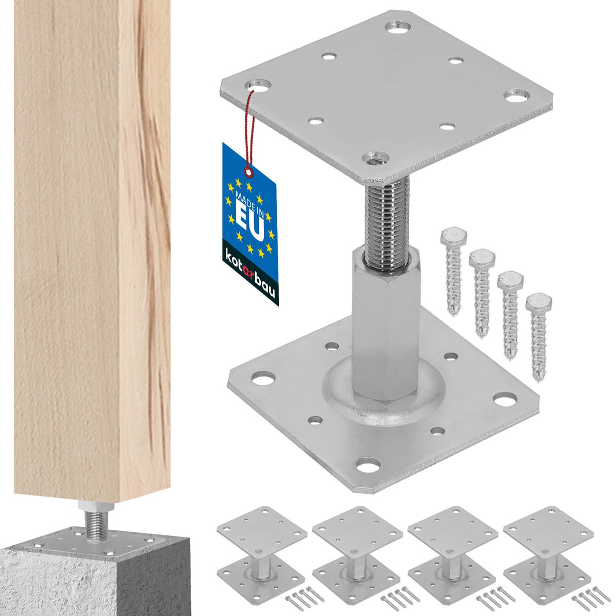 KOTARBAU Pfostenträger höhenverstellbar 110 x 110 mm, 4er Set aus feuerverzinktem Blech in Silber