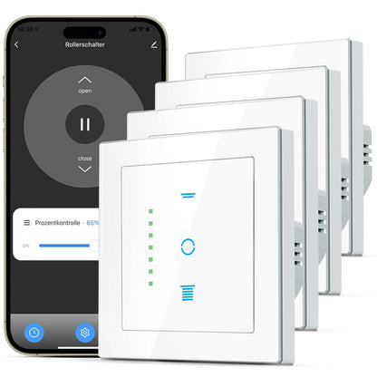 CURRYSMARTER Smart WLAN Rollladenschalter 6. Gen - 4er-Set. Rechteckiger, weißer Schalter mit Tasten zur WLAN-Rollladensteuerung via App.