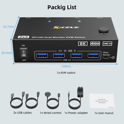 KVM Switch für 2 PC, 2 Monitore (8K) - Displayport, HDMI, USB 3.0