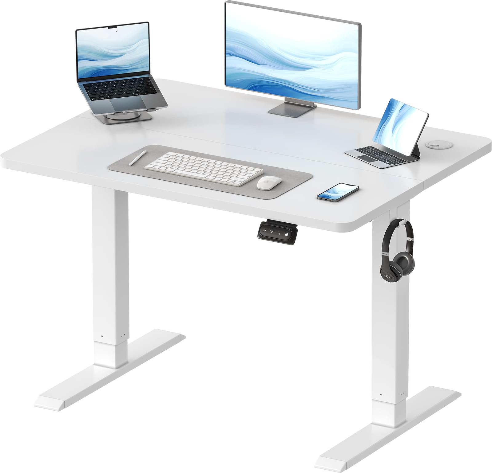 Devoko Elektrischer Steh-Sitz Schreibtisch – 100x60cm Weiss. Rechteckiger, weisser Tisch mit elektrisch höhenverstellbarem Gestell für ergonomisches Arbeiten.