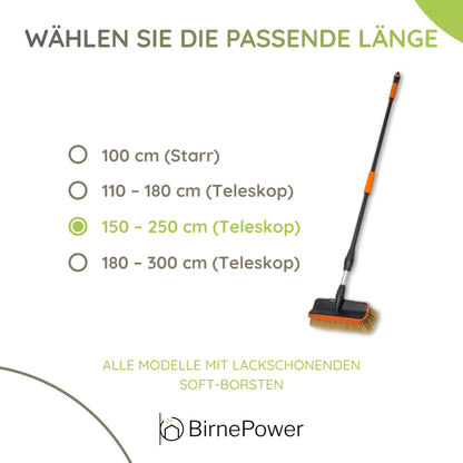BirnePower Teleskop-Waschbürste 150–250 cm mit Wasserdurchfluss