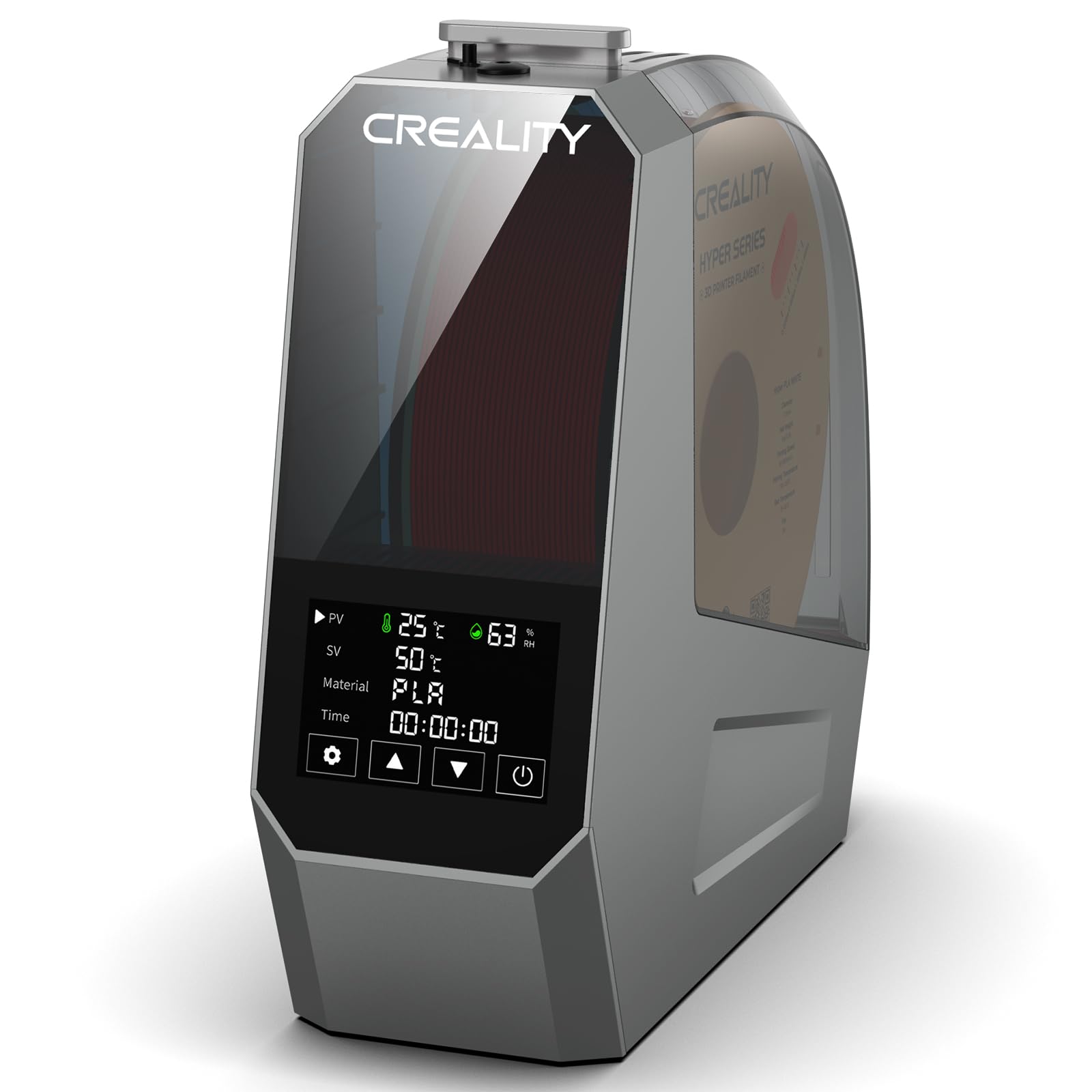Creality Space PI 3D Drucker Filament Trockner 360° Heizung. Schwarzes, rundes Gehäuse. Entfeuchtet 3D-Druck-Filament.