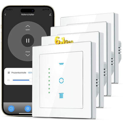 SMARTERCURRY WLAN Rollladenschalter 6.1Gen - Weiss 4er Set. Vier weiße WLAN-Schalter zur App- oder Sprachsteuerung von Rollläden.