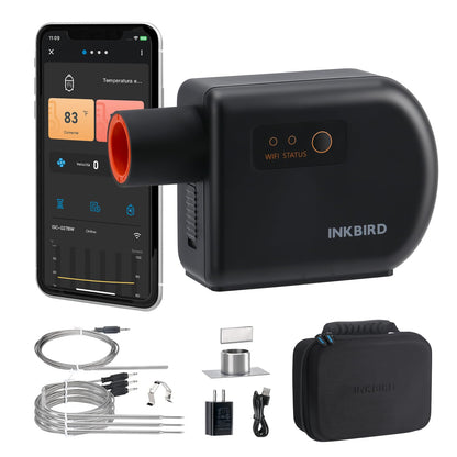 Inkbird Grillgebläse Bluetooth WiFi 4 Sonden für Smoker. Kompaktes, schwarzes Gehäuse, 4 Fühler. Reguliert die Smoker-Temperatur und Kerntemperaturen per Gebläse über App.