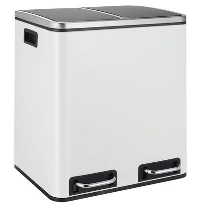 LIFERUN Doppelfach Treteimer 2x15L Metall Softclose Weiss. Weißer Metall-Treteimer mit zwei Innenbehältern zur Abfalltrennung; Softclose-Deckel schließt geräuscharm.