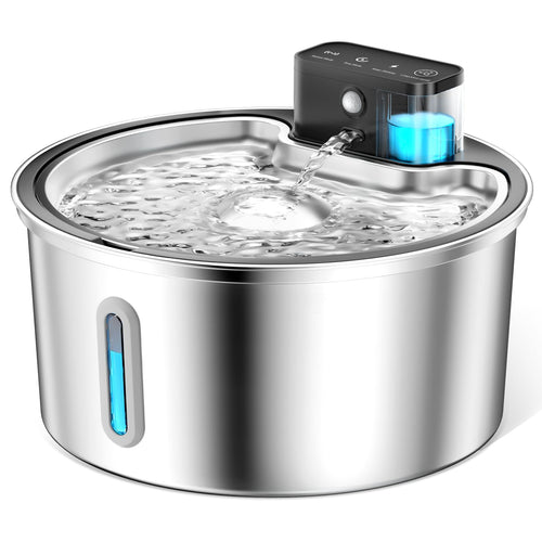 PawPoll Katzenbrunnen kabellos PW-D03, Edelstahl Trinkbrunnen 3,2 L, mit Bewegungsmelder und LED-Wasserstandsfenster