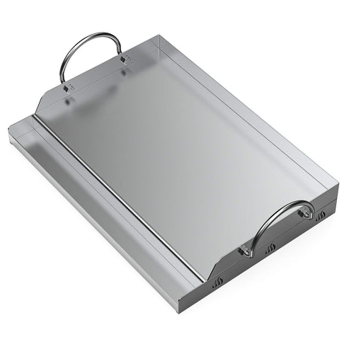 onlyfire Universal Edelstahl Plancha - 51x32cm Rechteckig. Silberne rechteckige Edelstahlplatte zum Braten und Grillen auf dem Gasgrill.