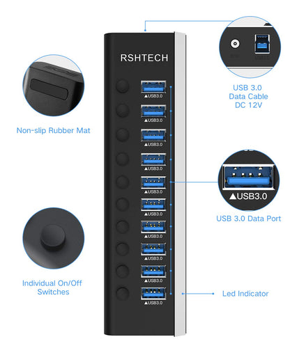 RSHTECH USB 3.0 Hub aktiv 10-Port Aluminium mit 36W Netzteil, RSH-A10