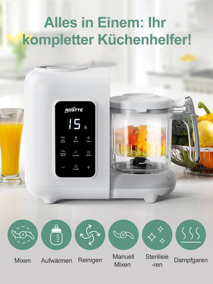 KOSTTE Babynahrungszubereiter 6-in-1 mit Dampfgarer und Mixer, Weiss