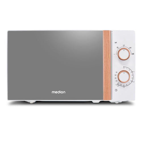MEDION Mikrowelle MD10596 – 20L freistehend weiss Holzoptik. Rechteckig, erhitzt & taut Speisen effizient auf.